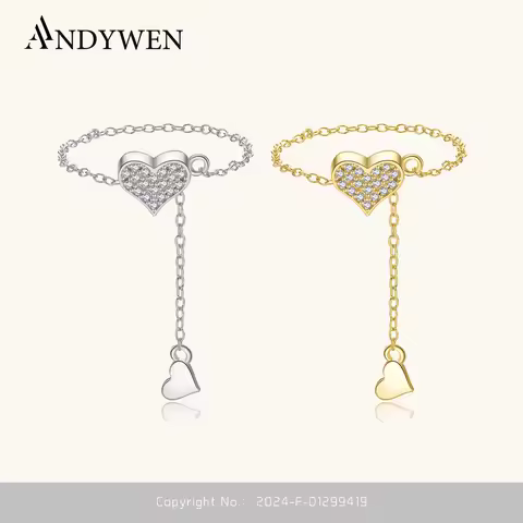 ANDYWEN 925 Silver Adjustable Flexible Fix Pulling Heart Chain Rings Transformer With Rubber Stopper