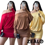 ZEALO Zoie Off Shoulder Batwing Long Sleeves Ruched Mini Dress for Women – Cotton Spandex