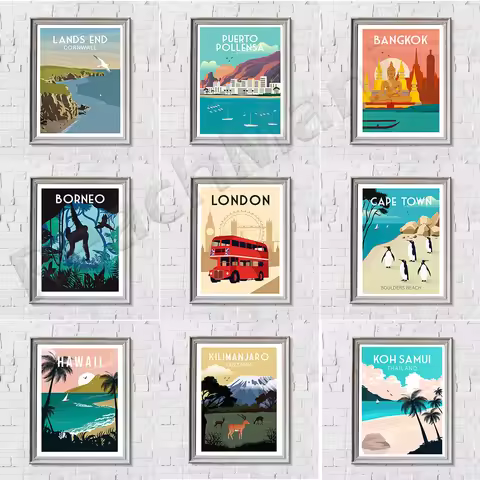 Vintage Hawaii travel prints, Puglia, Maui, Cape Verde, Borneo, Florence, Tanzania, Phuket travel wa