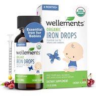 Wellements Organic Iron Drops for Newborn+ Babies (1 Fl Oz) - Cherry Flavor Liquid Iron Supplement f