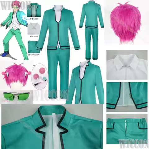 Saiki Kusuo The Disastrous Life of Saiki K Cosplay Green School Uniform Pink Wig Headwear Glasses Ca