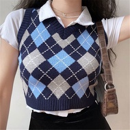 New Argyle Plaid Knitted Sweater Vest Women Preppy Style Autumn Sleeveless Crop Sweaters