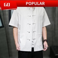 baju kemeja lelaki kemeja putih Kemeja Lengan Pendek Linen Lelaki Gaya Cina Musim Panas Kapas Linen Kemeja Lengan Tengah Retro Kancing Mengikat Pakaian Cina Longgar Saiz Besar Atas