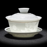 Gaiwan Teacup Dehua High White Porcelain Shadow Carved Gaiwan Three Turret Tea Bowl Toast Tea Bowl S