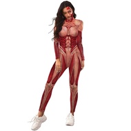 Womens Kyojin Cosplay Costume AOT Bodysuit Jumpsuit Halloween Muscle Skeleton Bodysuit Zentai 3D