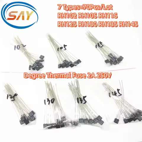 70PCS/LOT 7Types RH102 RH105 RH115 RH125 RH130 RH135 RH145 Degree Thermal Fuse KITS 2A 250V