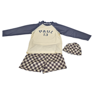 男童長袖分體泳衣 泳衣 + 泳褲 + 泳帽  3XL  PAUL字母格子