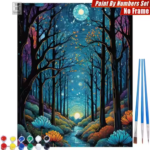 Starry forest path DIY Paint By Numbers Set - Moonlit dreamy serene Wall Art Decor New Year's Day Gi