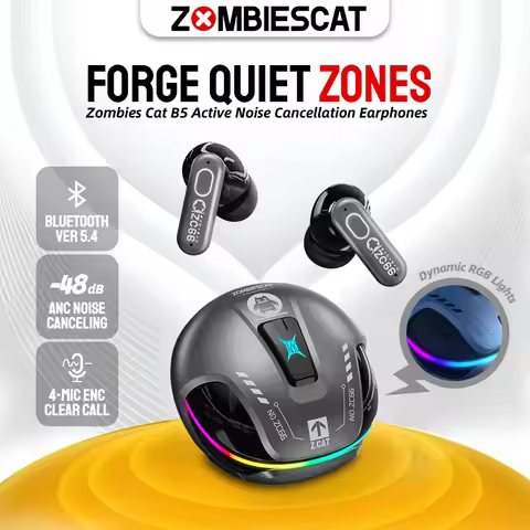 Zombies Cat B5 Active Noise Cancellation Headphone Bluetooth 5.4 ANC Earbuds Dual Connection TWS Wir