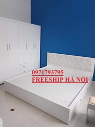 Giường ngủ gỗ công nghiệp có ngăn kéo 1m2x2m kèm đệm da đầu giường -trắng