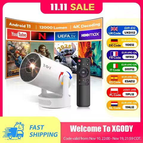 XGODY 4K 1080P LED Projector 12000 Lumen With Speaker Base Short Throw WiFi 6 Bluetooth 5.0 Portable