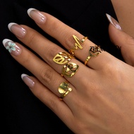 4 Piece Minimalist Stainless Steel Ring Set Women Gold Metal Line Art Leaf Star Moon Hollow Open Sta