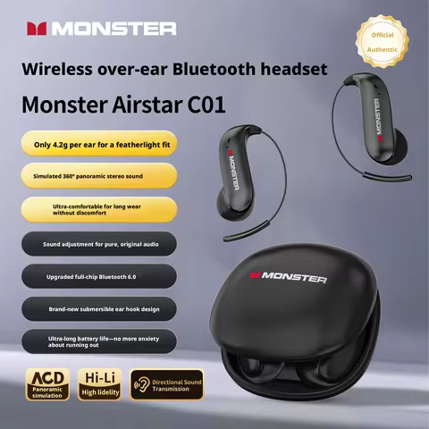 MONSTER C01 Zero Burden Bluetooth 6.0 Open Ear HD Call Dual Mic Long Battery Pain Free Ear Hook wire
