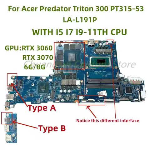 LA-L191P motherboard for Acer 300 PT315-53 laptop with I5 I7 I9-11TH CPU RTX3060 RTX3070 6G/8G GPU 1