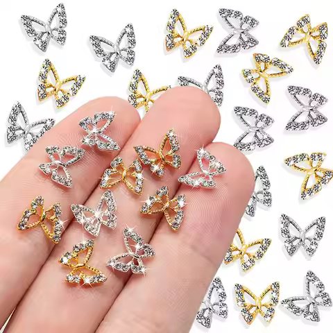 10Pcs 3D Crystal Butterfly Nail Charms Hollow Shape with Rhinestones for DIY Nail Art Decorations 8*