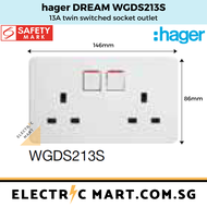 Hager Dream WGDS213S 13A Twin Switched Socket Outlet c/w M3.5 x 27mm long screws(Suitable for BTO switch replacement HDB new installations Singapore standard size switch hole for easy installation) *NEW beehive-like design plate