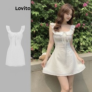 Lovito Women's Cute Eyelet Embroidery Tie Front Dress L122AD063