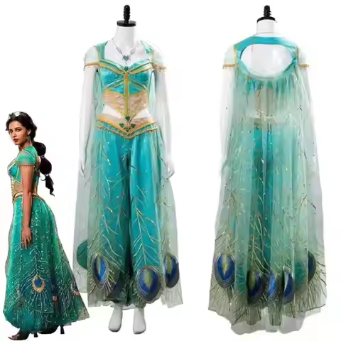 The Movie Aladdin Princess Cosplay Jasmine Naomi Scott Green Blue Dress Costume Adult Women Female H
