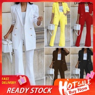 [DRM]❤1 Set Women Blazer Pants Solid Color Wide Leg Autumn Winter Double Breasted Lapel Suit Set for Office