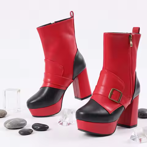 Plus Size PU Ankle Boots Women Side Zipper Color Block Platform Block High Heel Buckle Strap Punk Fa