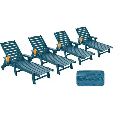 Lounge Chair Outdoor with Wheels, Oversize Patio Lounge Chairs with Wood Texture, 6Position Plastic 