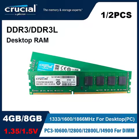 Crucial 4GB 8GB DDR3 RAM Memory DDR3L Desktop RAM 1333MHz 1600MHz 1866MHz Green 8 Chips 1.35/1.5V 24