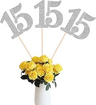 12 Pack Silver 15th Birthday Anniversary Centerpiece Sticks, Glitter 15th Birthday Party Decorations