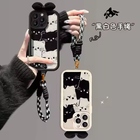 3D Bowknot Black Cat Lanyard Case For Samsung Galaxy S25 Ultra S24 S23 S22 S21 S20 Ultra Plus S24 FE