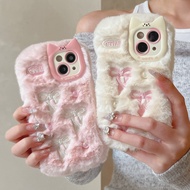 Cat Ear 3D Pearl Embroidery Bow Ribbon Plush Case for Apple 11 Fashion Phone Case Apple 13/14 Pink G
