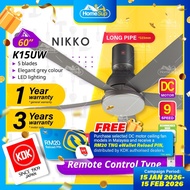 KDK K15uW Ceiling Fan – 60 Inch, Long Pipe, Led Light, DC, 9-Speed Remote, Grey, Nikko, Kipas Siling