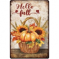 CIFbuy Hello Fall Pumpkin Basket Rustic Autumn Wall Decor Tin Sign