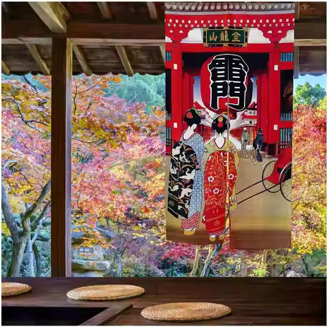 Japanese Tokyo Kaminarimon Door Curtain, Vintage Ukiyo-e Maiko & Asakusa Scene Print, Traditional Ja