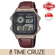 [Time Cruze] Casio AE-1200 Royale World Time Digital Maroon Leather Band Men Watch AE-1200WHL-5A AE-