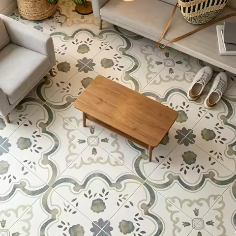 11.81in X 11.81in 5Pcs Vintage Green Floral Peel&Stick Floor Tile Self Adhesive Waterproof Vinyl Sti
