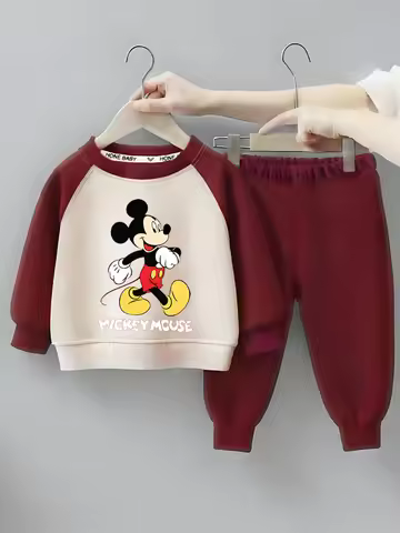 Disney Mickey Spring Fall Kids Casual Sweatshirt Set Children's Splicing O Neck Hoodies and Pants 2p