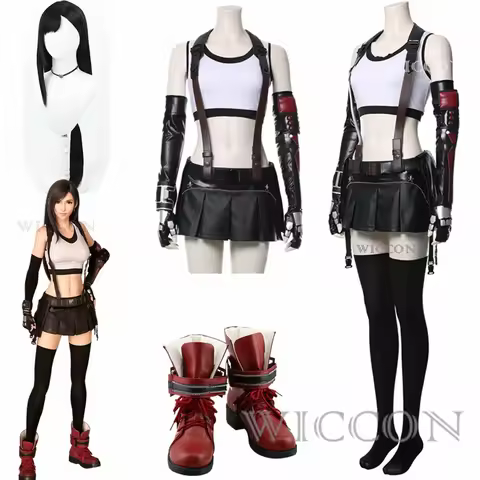 Final & Fantasy VII Remake Tifa Lockhart Cosplay Costume Adult Women Girls Wig Shoes Halloween Carni
