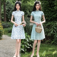 White Blue Floral Cheongsam Qipao Dress 3/4 Sleeve Retro Mandarin Collar Slim Fit Elegant Spring Dai