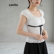 Lovito Blouse Comel Sulaman Eyelet Ikatan Hadapan Colorblock untuk Wanita L177AD890