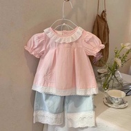 baju budak perempuan Sut gaya baru musim panas kanak-kanak perempuan 2025 kemeja gelembung renda len