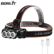 BORUiT LED Powerful Headlamp 3-Mode USB Rechargeable Waterproof Headlight