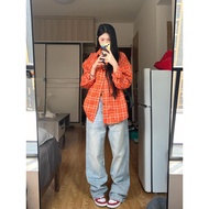 baju perempuan style baju kemeja perempuan Baju lengan panjang kotak-kotak oren retro Amerika wanita