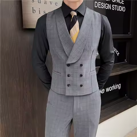 ( Vest + Pants ) Double Breasted Men's Casual Plaid Business Waist Coat and Trousers Stripe Solid Co