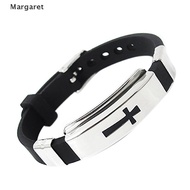 [Margaret] Men Fashion Silver Cross Stainless Steel Black Rubber Bracelet Bangle Wristband