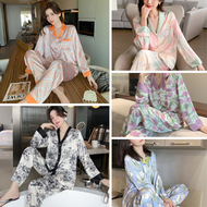 Baju Tidur Wanita Lengan Panjang Pyjamas Women Ice Silk Pajamas for Set Long Sleeve Sleepwear Nightwear