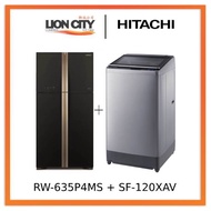 Hitachi RW-635P4MS Inverter Big French 4-Door Refrigerator + Hitachi SF-120XAV 12kg Top Load with Glass Top Washing Mach