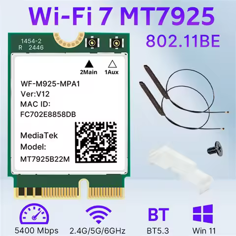 WiFi 7 MT7925 Wireless WiFi Card BT5.3 802.11AX M.2 Key E 5400Mbps NGFF Ethernet Adapter 2.4G/ 5G/6G