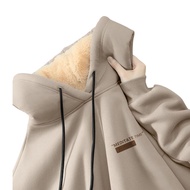 Couple Winter Hoodie Fleece Lined Thermal Insulation Hooded Pure Color Drawstring with Elastic Cuffs