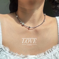 handmade Necklace Black Tone Beads Decorated With Dalmatian Stones Jasper