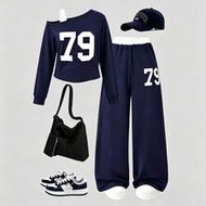 Tween Girl Spring/Autumn Fashion Sports Print Cold Shoulder Long Sleeve Top + Loose Wide Leg Pants 2
