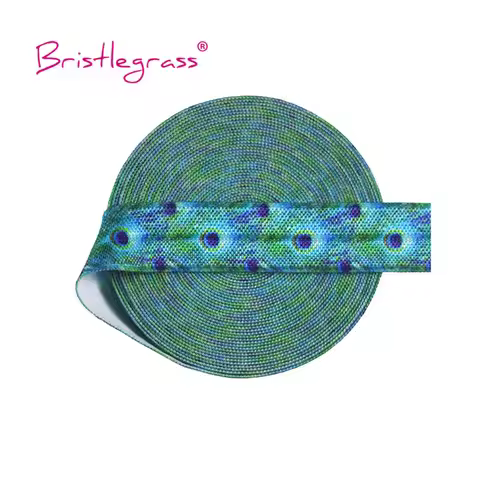 BRISTLEGRASS 2 5 10 Yard 5/8" 15mm Peacock Feather Print FOE Fold Over Elastic Spandex Satin Band Ha